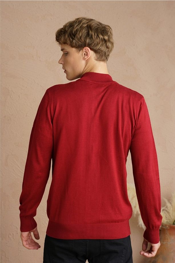 Erkek Bordo Tek Plaka Ince Triko Hırka-hrk1850r07s - 3