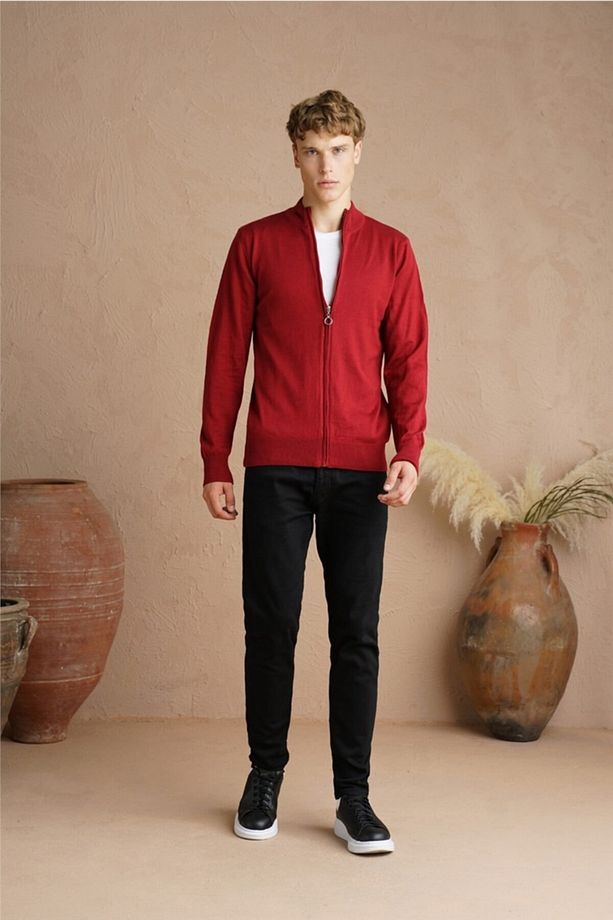 Erkek Bordo Tek Plaka Ince Triko Hırka-hrk1850r07s - 4