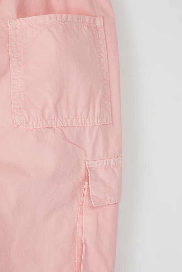 Pembe Kız Çocuk %100 Pamuk Cep Detaylı Wide Leg Lastikli Dokuma Pantolon TKDSS25PL00004 - 6