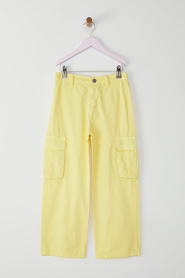 Sarı Kız Çocuk %100 Pamuk Cep Detaylı Wide Leg Lastikli Denim Pantolon TKDSS25PL00004 - 4