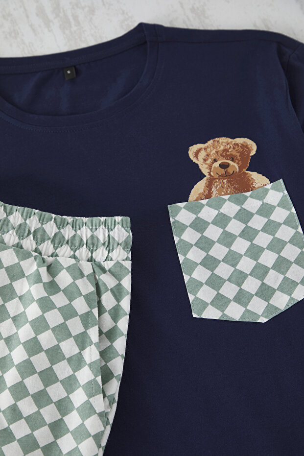 Lacivert Regular Ekose Couple/Çift Örme Şortlu Erkek Pijama Takımı TMNSS25PT00058 - 4