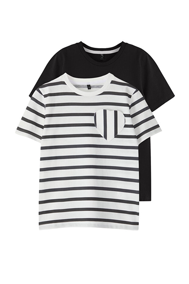 Siyah-Ekru 2'li Kız Çocuk %100 Pamuk Basic Çizgili Örme T-Shirt TKDSS25TS00030 - 1