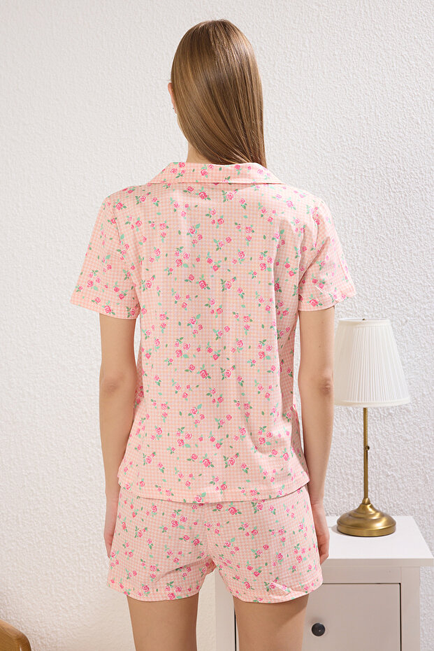 Pembe %100 Pamuklu Pötikareli Çiçekli Şortlu Örme Pijama Takımı THMSS25PT00364 - 4
