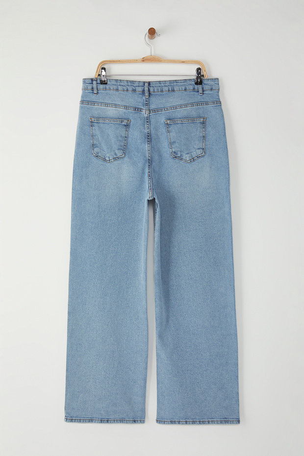 Buz Mavisi Yüksek Bel Troklu Geniş Paça Comfort/Orta Esnek Büyük Beden Wide Leg Jeans TBBSS25CJ00014 - 7