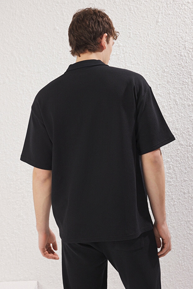 Siyah Oversize/Geniş Kesim Dokulu Fermuarlı Polo Yaka T-shirt - 4