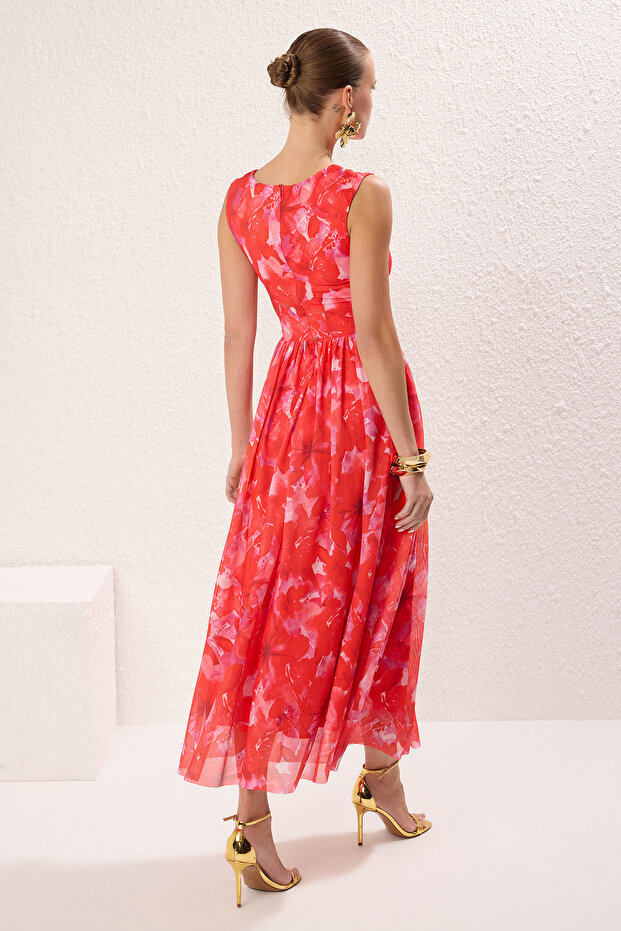 Pembe-Çok Renkli A-Kesim Cut Out/Pencere Detaylı Uçuş Uçuş Tül Abiye Mezuniyet Elbise TPRSS24EL00022 - 4