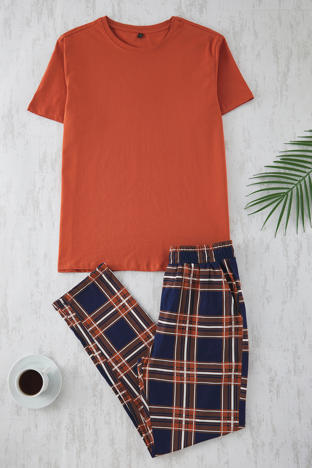 Kiremit - Lacivert Regular %100 Pamuk Ekose Örme Pijama Takımı THMSS21PT0328 - 3