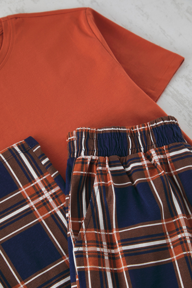 Kiremit - Lacivert Regular %100 Pamuk Ekose Örme Pijama Takımı THMSS21PT0328 - 4
