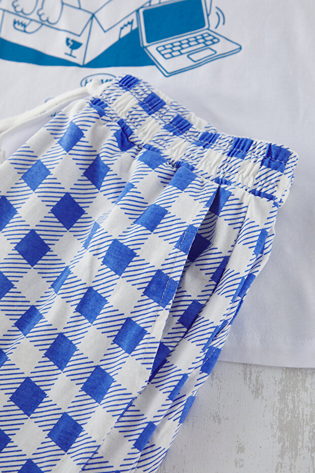 Ekru -Mavi Regular Fit Couple/Çift Örme Şortlu Erkek Pijama Takımı TMNSS25PT00059 - 3