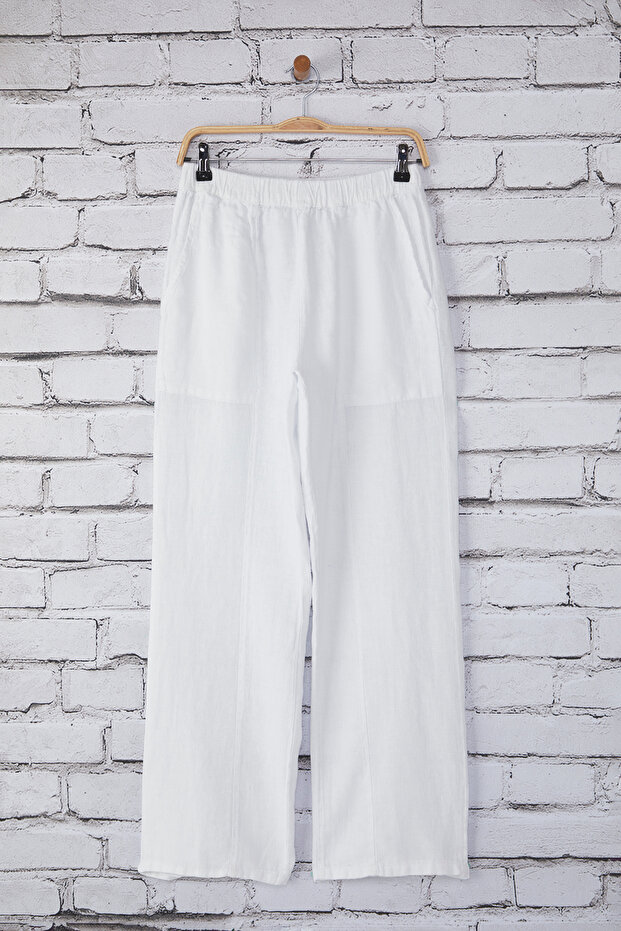 Beyaz %100 Keten Cep Detaylı Yüksek Bel Wide Leg Pantolon TWOSS24JE00247 - 5
