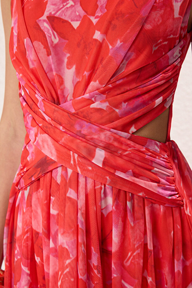 Pembe-Çok Renkli A-Kesim Cut Out/Pencere Detaylı Uçuş Uçuş Tül Abiye Mezuniyet Elbise TPRSS24EL00022 - 3
