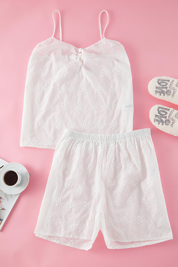 Ecru V-nyakú gombos hímző szőtt pizsama szett TBBSS25AI00054 - 1