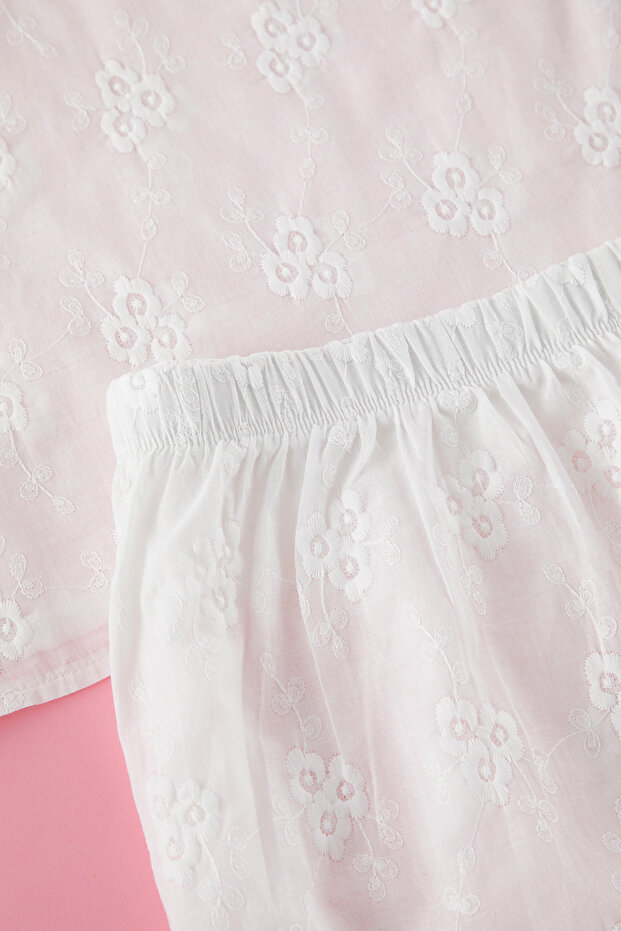 Ecru V-nyakú gombos hímző szőtt pizsama szett TBBSS25AI00054 - 3