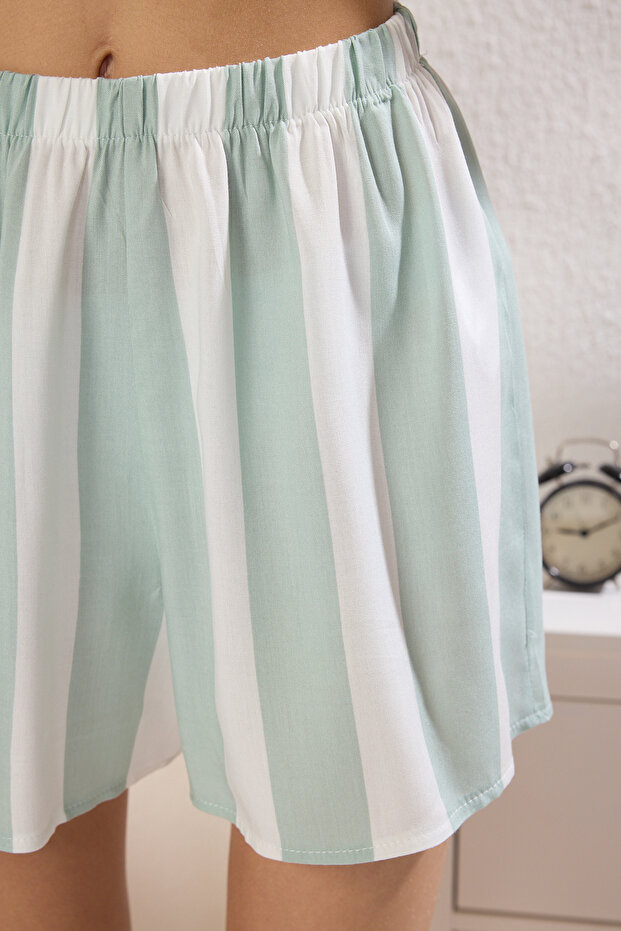 Mint-Ekru Çizgili İp Askılı Viskon Şortlu Dokuma Pijama Takımı THMSS23PT00225 - 3