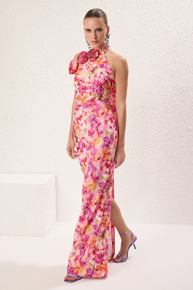Vícebarevné květinové rovné růžové detaily Tkané maxi večerní šaty Finike a šaty pro návrat domů - 2