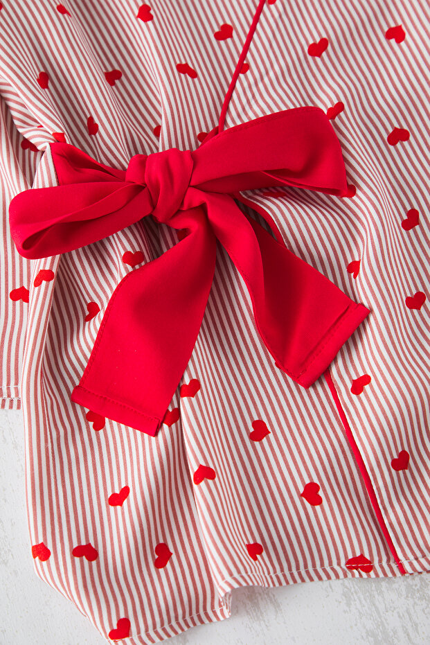 Czerwony pasiasty wzór serca piżama tkana wiązana na szyi Tbbss25Ai00046 - 3