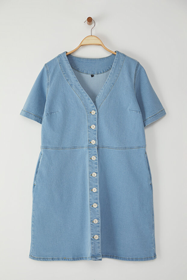 Açık Mavi A Line V Yaka Denim Elbise TBBSS23AH00078 - 5