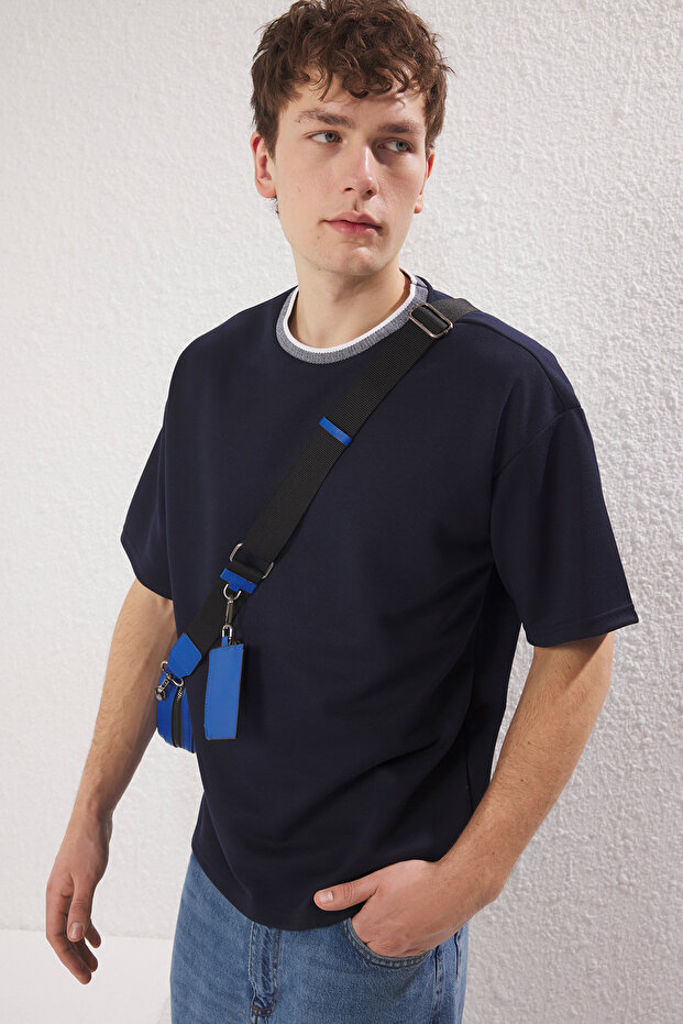 Lacivert Oversize/Geniş Kesim Triko Bantlı Dokulu Pike T-Shirt TMNSS23TS00079 - 1