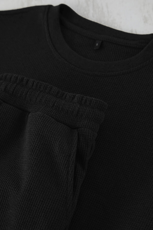 Siyah Oversize/Geniş Kesim Dokulu Eşofman Takımı TMNSS25EM00010 - 6