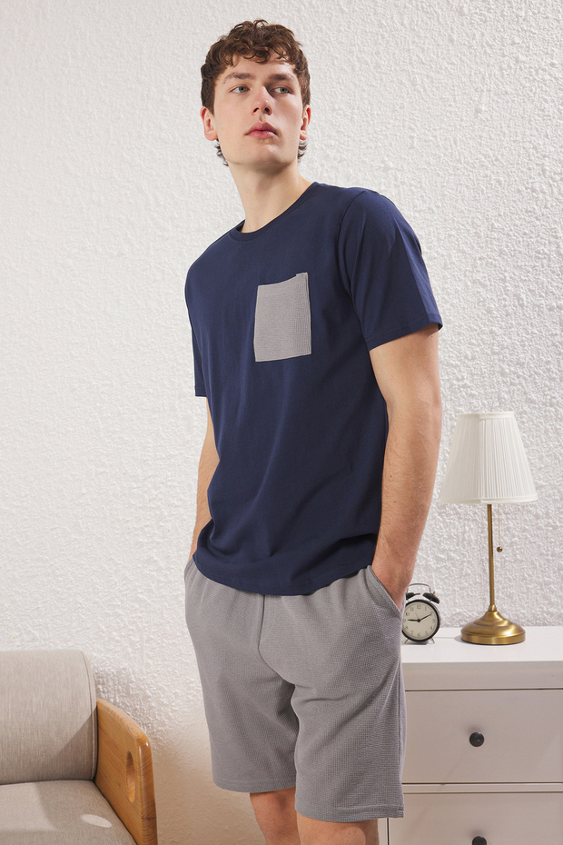 Lacivert Gri Regular Fit Dokulu Şortlu Örme Pijama Takımı TMNSS25PT00021 - 2