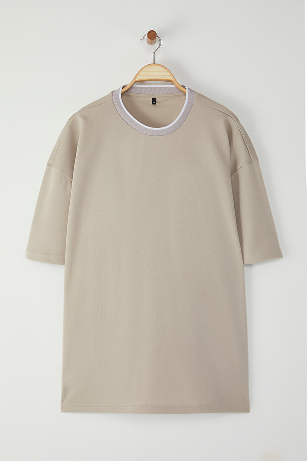 Büyük Beden Taş Oversize/Geniş Kesim Triko Bantlı Dokulu Pike T-Shirt TMNSS25BF00021 - 3