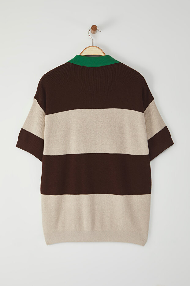 Çok Renkli Oversize Polo Yaka Renk Bloklu Triko Polo Yaka T-shirt TMNSS25PO00037 - 6