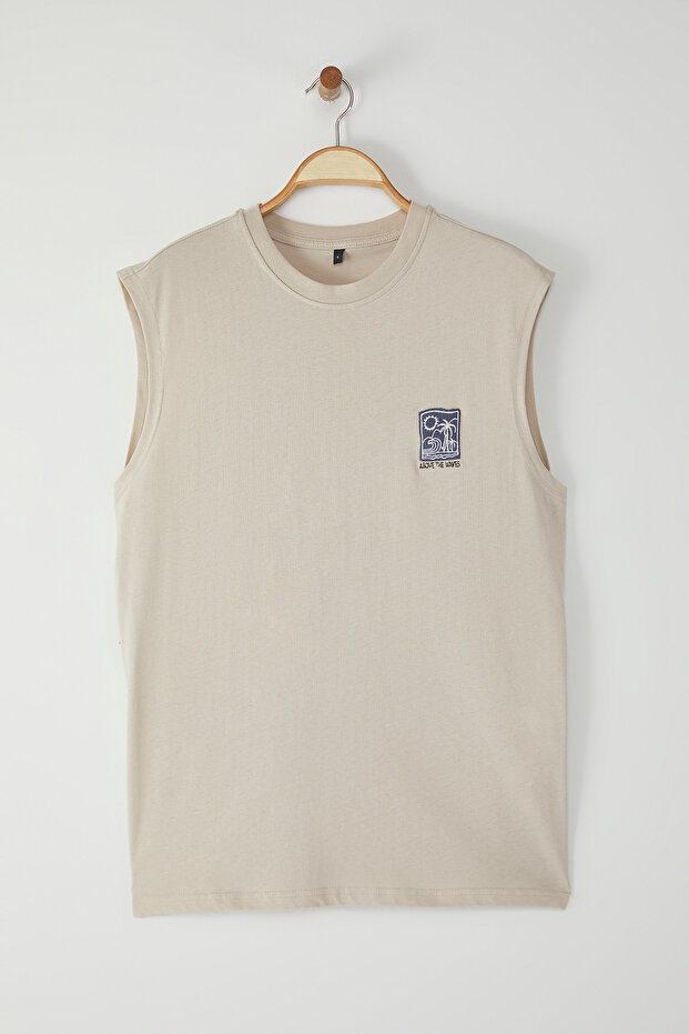 Taş Oversize/Geniş Kesim %100 Pamuklu Nakışlı Atlet TMNSS25AL00004 - 3