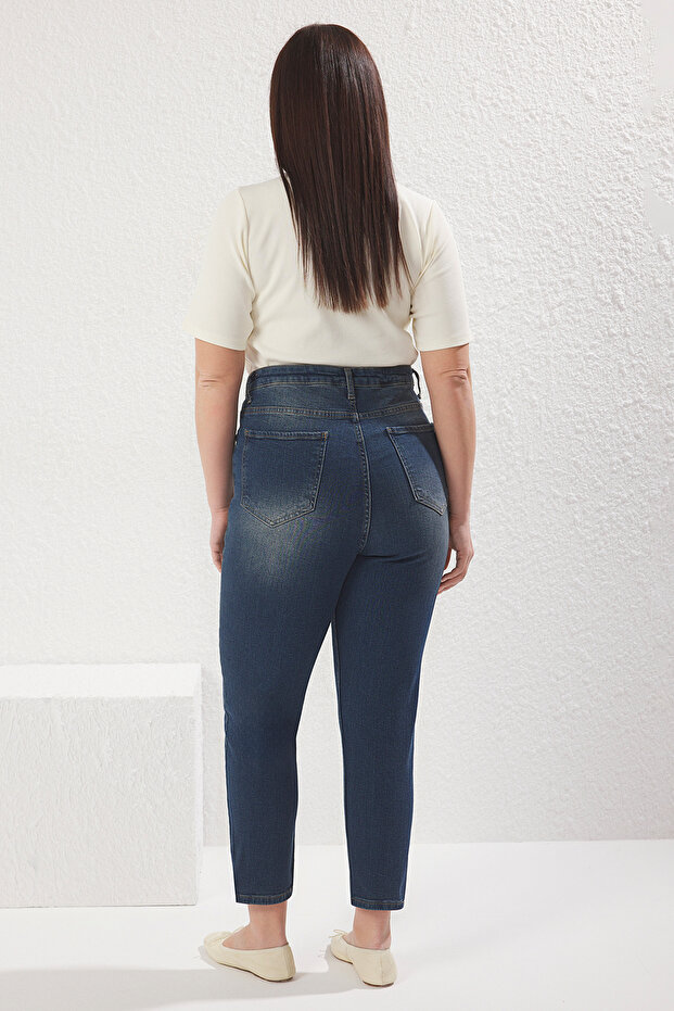 Koyu Mavi Yüksek Bel Destroy Detaylı Esnek Skinny Jeans TBBSS25CJ00011 - 4