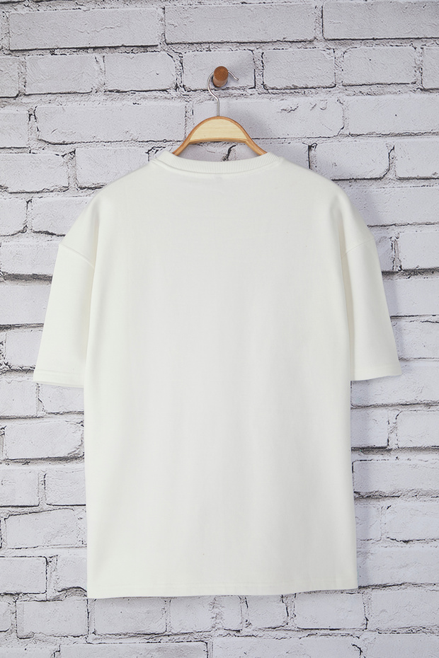 Beyaz Oversize/Geniş Kesim Pamuklu Kalın Basic T-Shirt TEDSS25TS00005 - 2