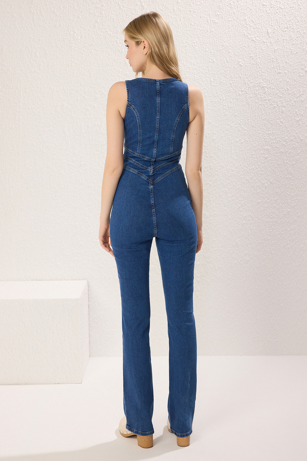 Koyu Mavi Dikiş Detaylı Fermuarlı Comfort/Esnek Denim Tulum TWOSS25TU00032 - 4