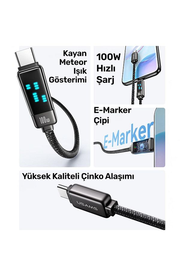 US-SJ744 Type-C To Type-C 100W Meteor Efekt Ekranlı 1.2m Hızlı Şarj ve Data Kablosu Antrasit - 7