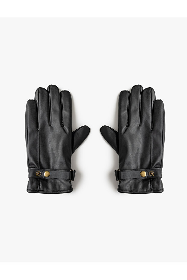 Faux Leather Gloves with Snap Button Detail