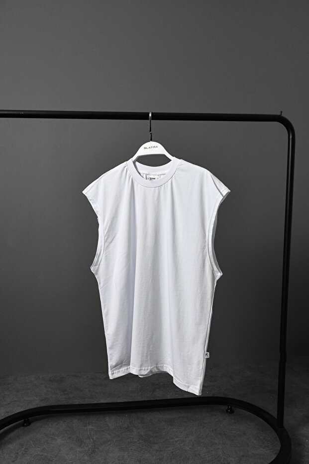 Erkek Beyaz Basic Sıfır Kol Oversize Tshirt - 1