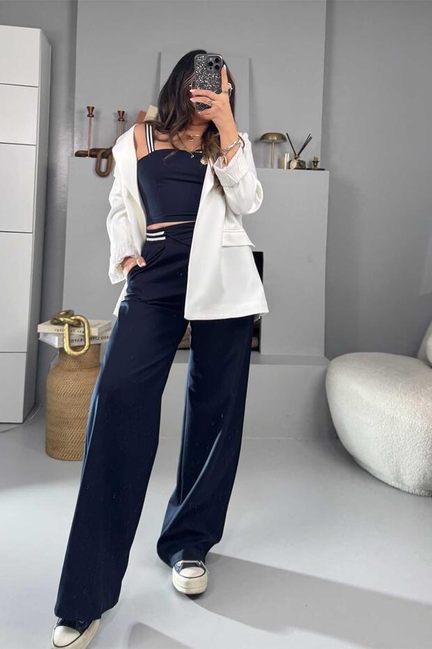 Contrast Stripe Waist Detailed Trousers Navy