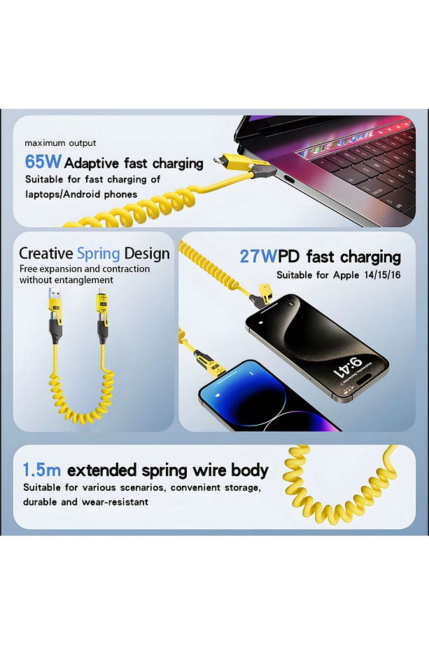 65w Çoklu 4in1 USB Type-C ve Lightning  Android Auto - CarPlay Sprial Kısa Şarj Ve Data Kablosu 1.5M - 5