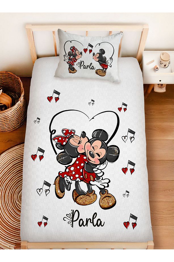 İsme Özel %100 Pamuk 160x230 Tek Kişilik Pike Takımı Mickey Minnie Mouse - 1