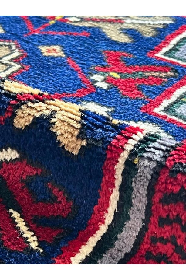 124x240 cm Canlı Kırmızı ve Mavi El Dokuma Türk Kilimi, Nostaljik Uşak Halısı, Yüksek Kaliteli Yün H - 3