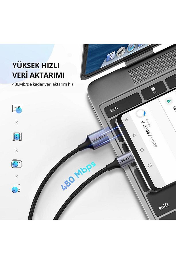 60126 Usb-a To Usb-c Qc 15w 1m Örgülü Hızlı Şarj Kablosu - 3