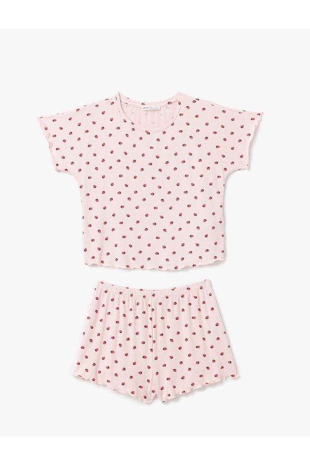 Viskon Kumaş Çilek Baskılı Bisiklet Yaka Kısa Kollu Şortlu Pijama Takımı - 3