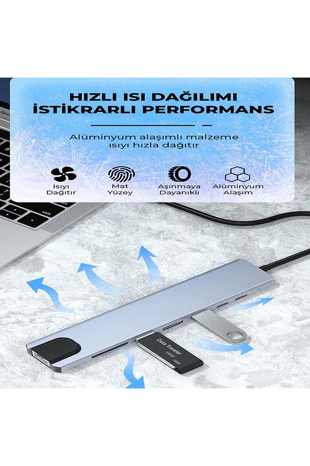 8in1 USB Type-C Hub Çoklayıcı Tablet Bilgisayar Telefon Port Adaptör HDMI USB Ethernet PD Girişli - 7