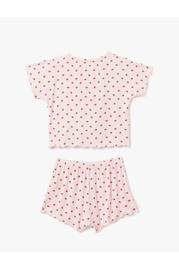 Viskon Kumaş Çilek Baskılı Bisiklet Yaka Kısa Kollu Şortlu Pijama Takımı - 4