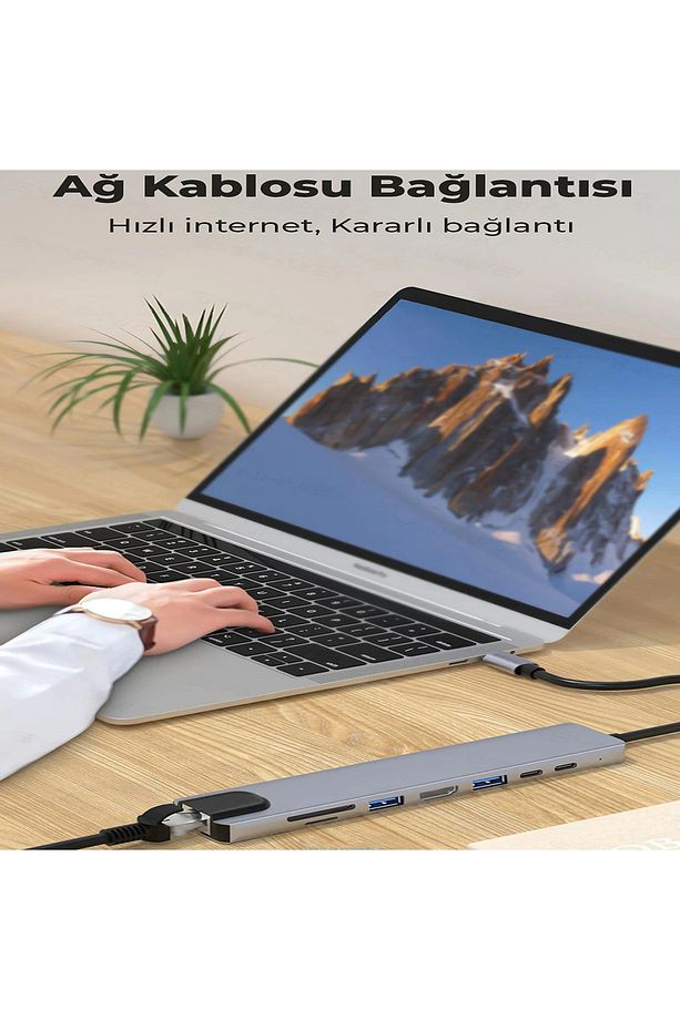 8in1 USB Type-C Hub Çoklayıcı Tablet Bilgisayar Telefon Port Adaptör HDMI USB Ethernet PD Girişli - 5