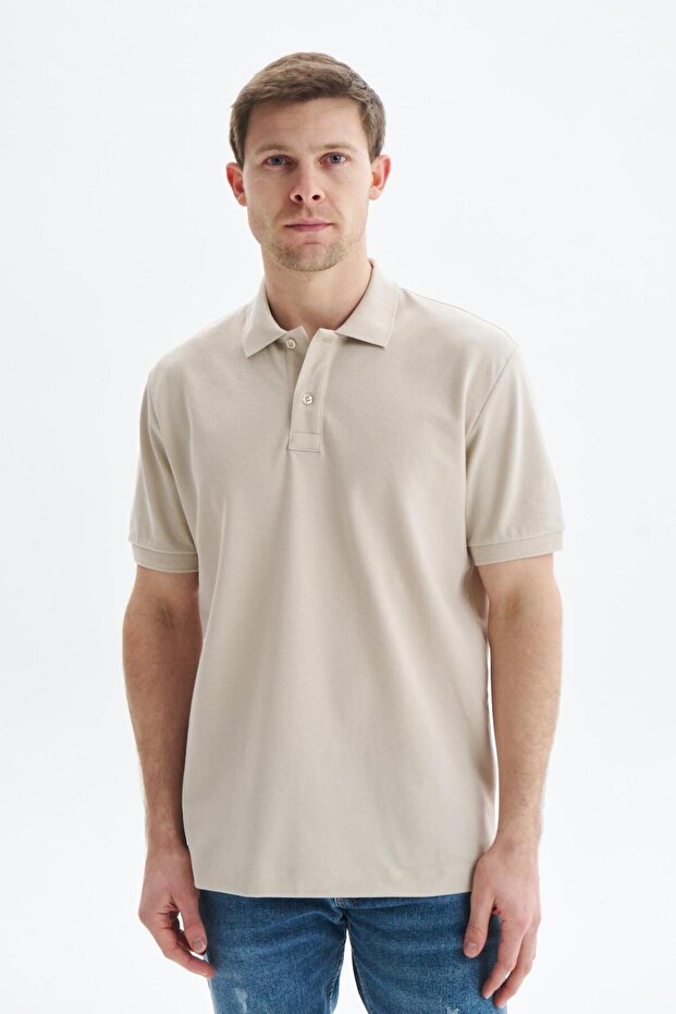Ar-Ma Men's Polo Collar T-Shirt Unprinted Basic Regular Fit Double Collar Combed Cotton Pique Y29374354502 Beige-B1