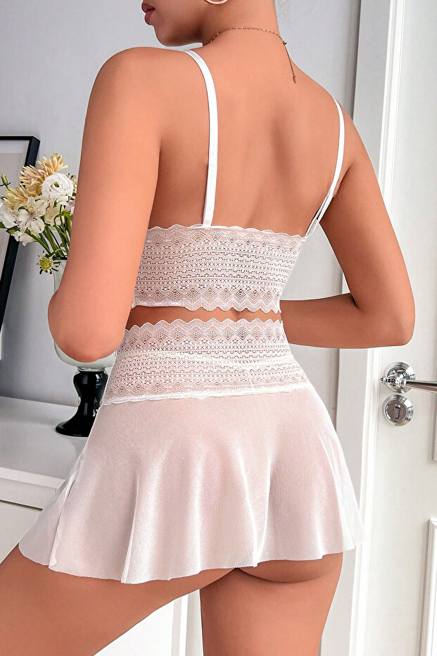 Kadın Beyaz Dantel ve Tül Detaylı Etekli Şık Gecelik Takımı - 2