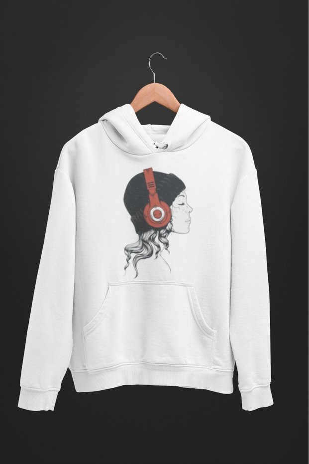 Unisex Long Sleeve Girl with Headphones Transfer Printed Hooded Sweatshirt