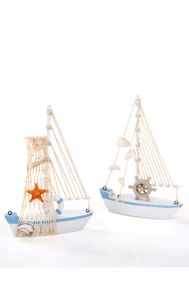 Marin Tekne Deniz Kabuklarıyla Süslenmiş Ahşap Yelkenli Biblo Ofis dekorasyon Tekne 22,5cm x 15cm - 1