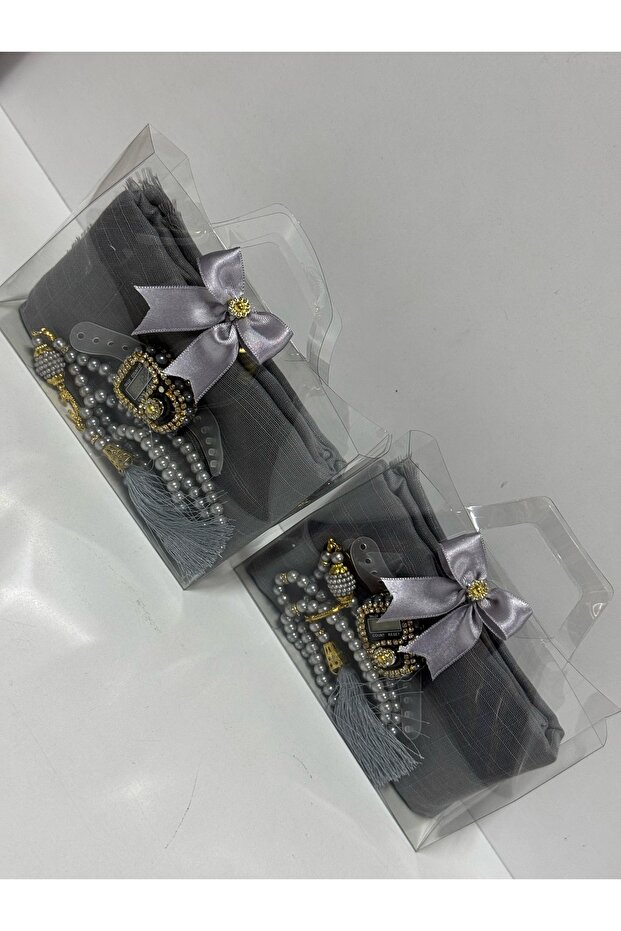 10 Gray Gift Boxed Headscarves, Tasbih Hajj Umrah Gift
