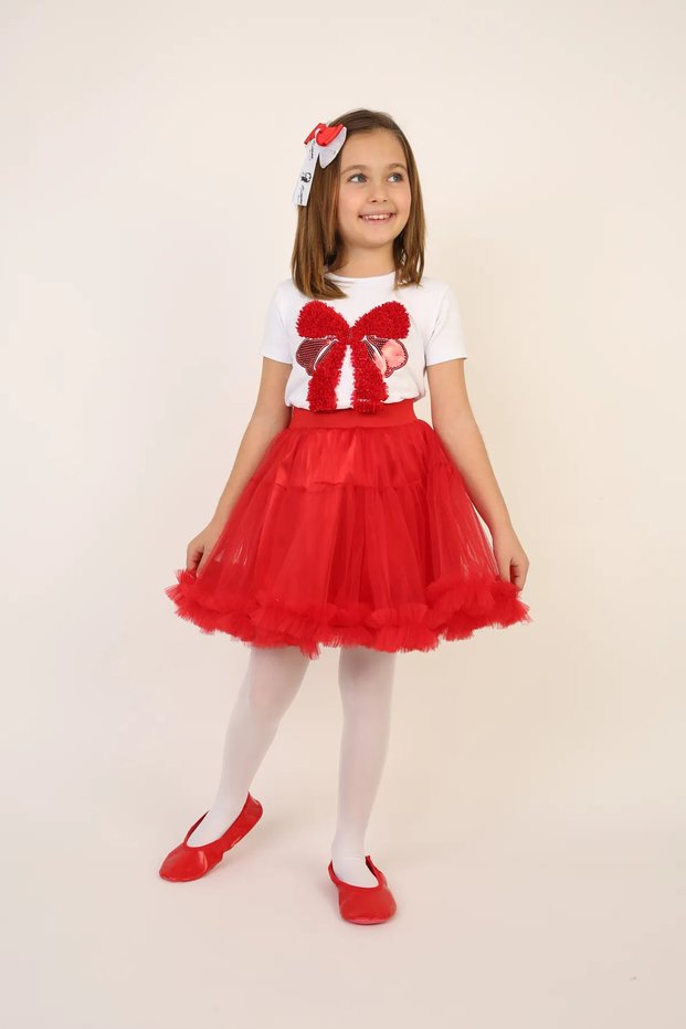 Girl's Red Bow Detail T-Shirt Red Skirt Suit April 23 October Show