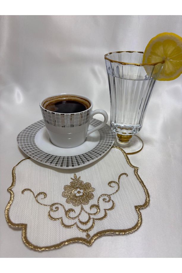 Sunumluk Peçete, Kokteyl Peçetesi, Kahve Yanı Nakışlı Kahve Sunum Yanı (6 Adet) Kumaş Sunum Peçetesi - 1