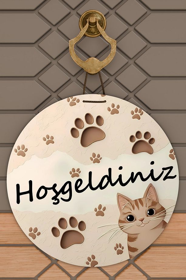 Modern Dijital Baskı Ahşap Bej Tek Pati Kedi Kapı Süsü - 1